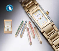 This Model LB02423/41 at �165 is the Ladies Dolphin Standard waterproof gold plate Sabrina bracelet watch and has six sets of interchangeable Austrian crystal bezels.